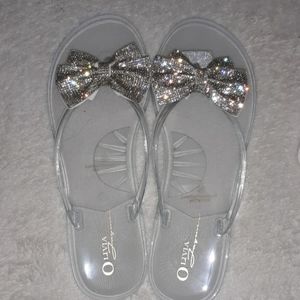 Jelly rhinestone bow flip flops